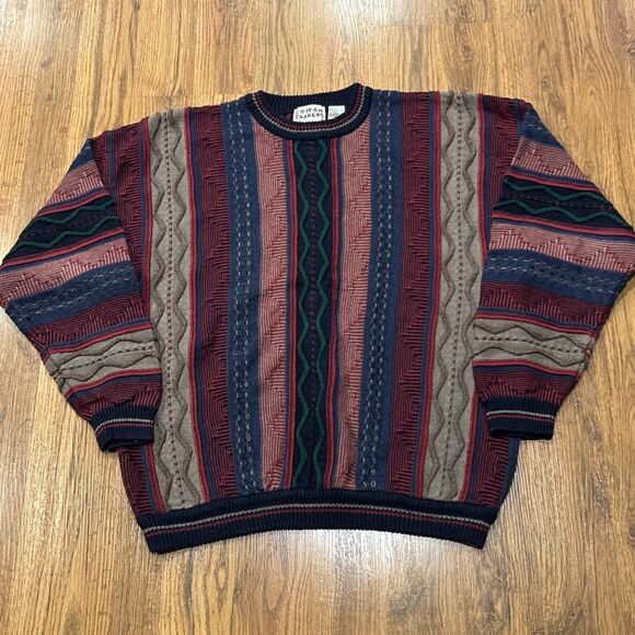 Cotton Traders Sweater Mens Large Vintage Coogi Style 3D Knit 90s Red Blue Tan - Picture 1 of 8